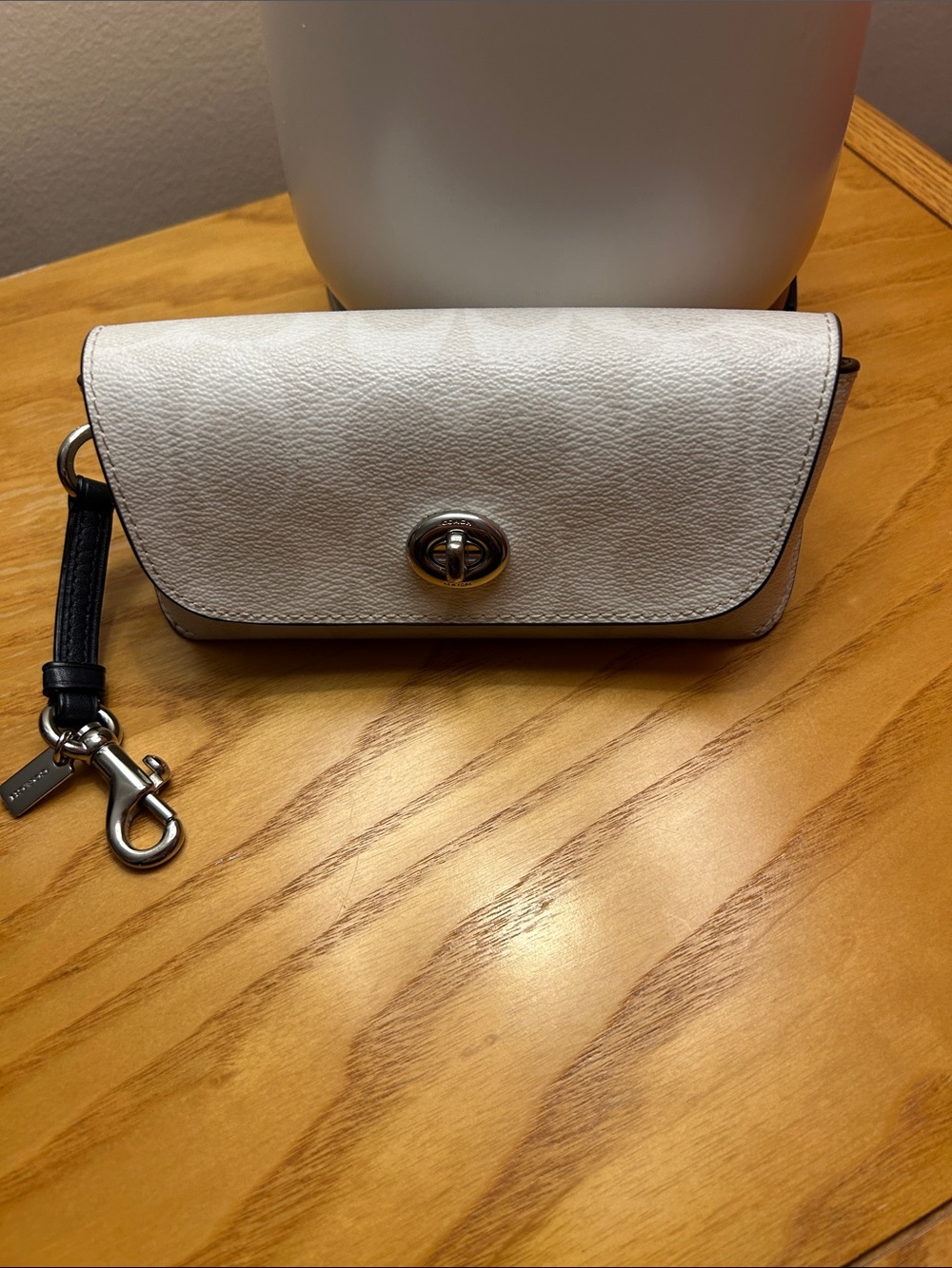 Coach White Leather Turn-Lock glasses case with Black Strap